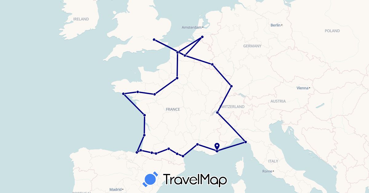 TravelMap itinerary: driving in Germany, Spain, France, United Kingdom, Italy, Luxembourg, Netherlands (Europe)